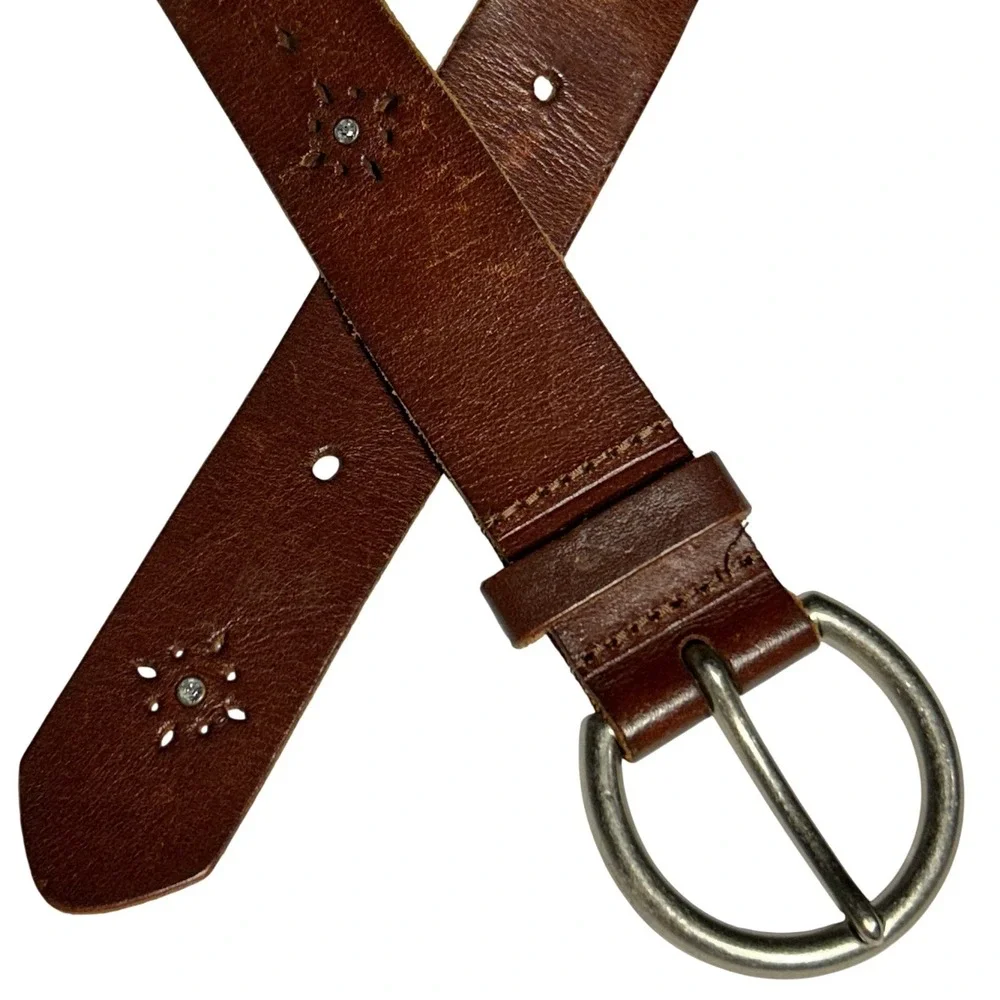 American Eagle Brown Leather Rhinestone Starburst Belt Boho Western‎ 31